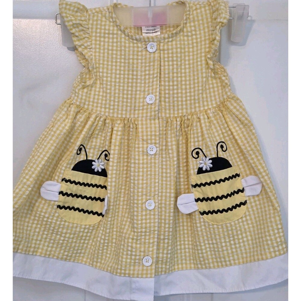 Good Lad dress, sunny yellow gingham pattern & 2 bumble bees also Pockets -24MOS